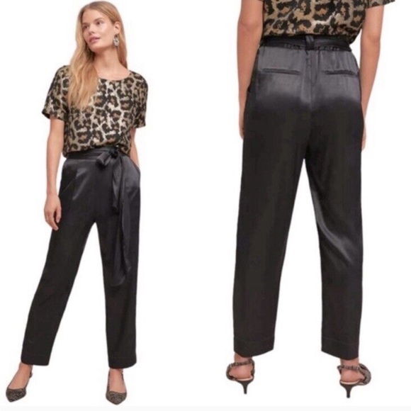 Anthropologie ETT TWA Satin Tie-Waist Pants‎ Black Size 8 Petite - Picture 1 of 10